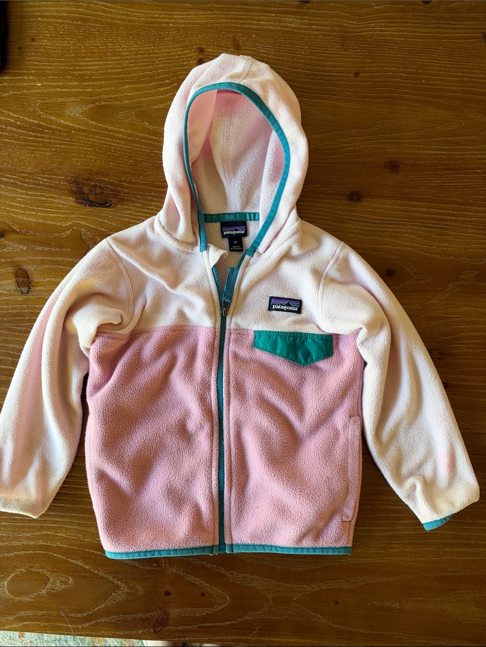 Patagonia Kids Pink & Cream Hooded Fleece with Teal Trim